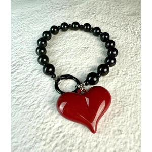 Large Red Glass Heart Pendant Black Beaded Keyring Purse Charm Accessory Gift